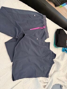 Figs Navy Scrub Pants with Pink Drawstring Accent